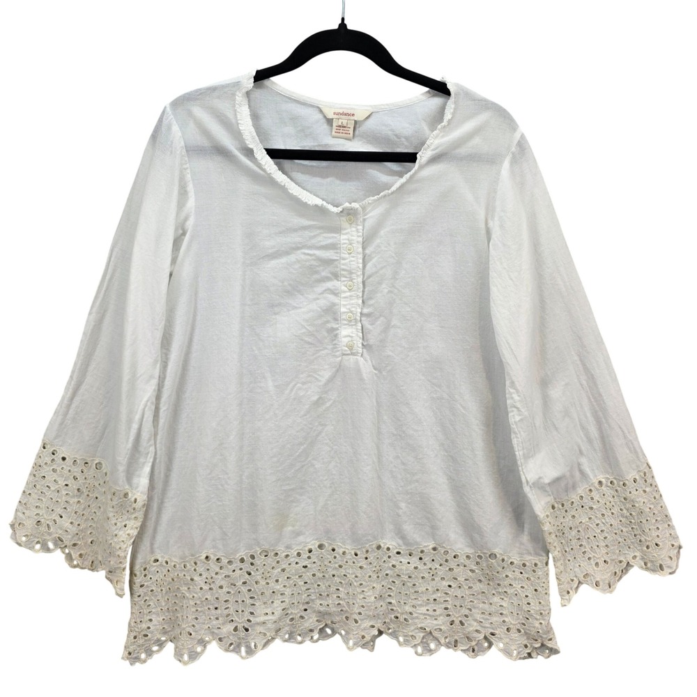 Sundance White Cotton Eyelet Lace Henley Blouse Boho 3/4 Sleeve‎ Ethereal Large